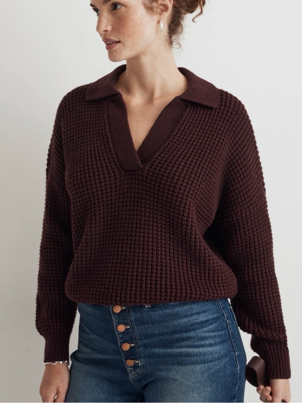 Madewell Waffle Knit Henley Sweater Burgundy Small